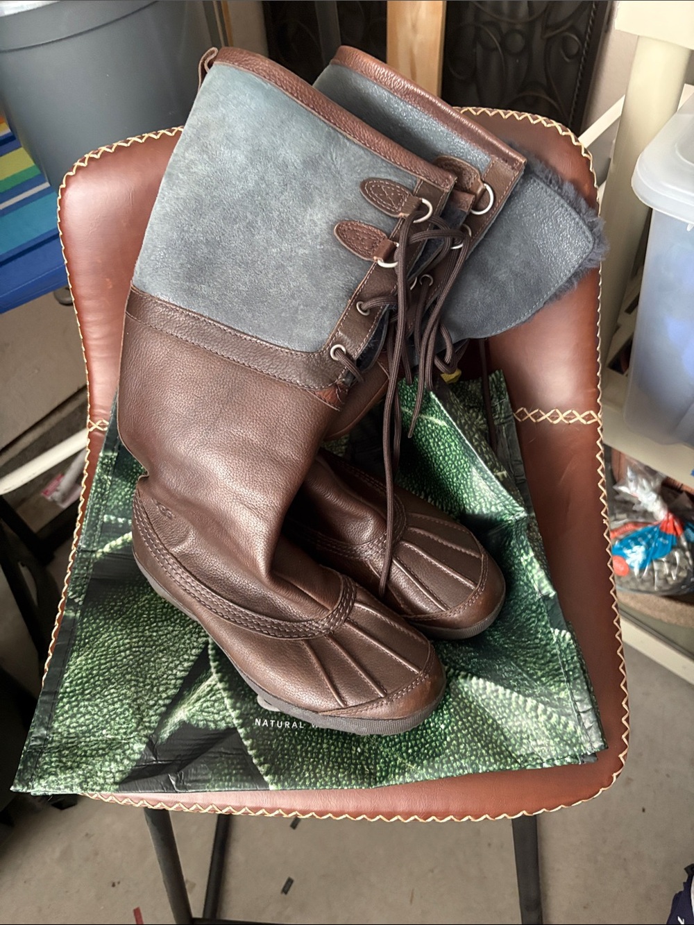UGG Brown and Gray Lace-Up Leather Tall Boots